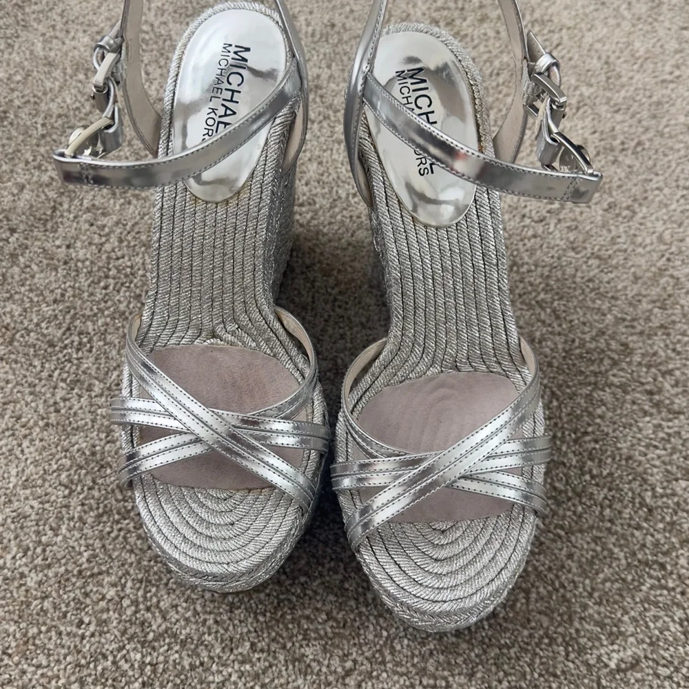 MICHAEL Michael Kors Metallic Silver Braided Platform Wedge Sandals